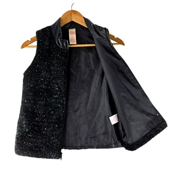 Girls Faded Glory Vest Large Faux Black Fuzzy Fur Silver Threads Puffer Back Qui - Picture 5 of 13